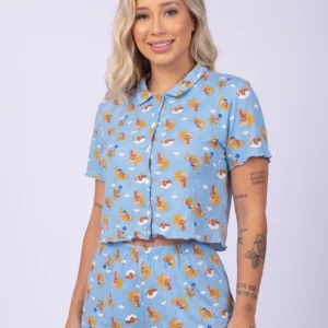 Short doll em suede estampado com botão e golinha, na cor azul