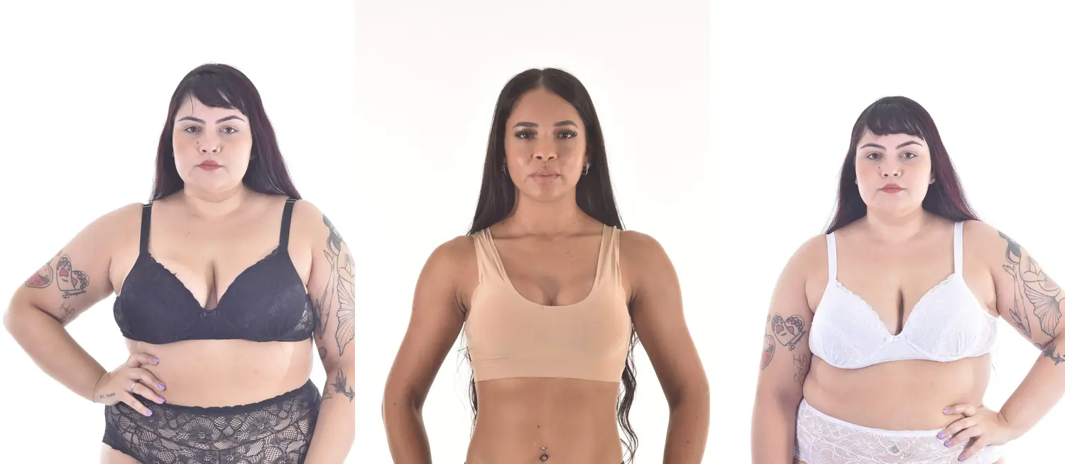 Três modelos da Belle, do tamanho P ao plus size, vestindo sutiãs e tops