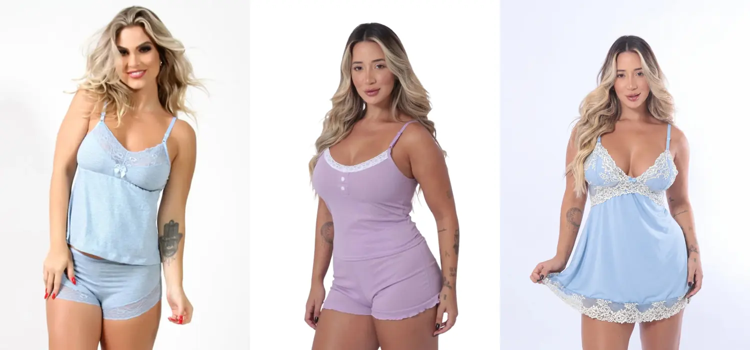 Modelos vestindo peças da categoria Linha Sono da Belle
